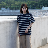Gugoogu Striped Classic Box Logo Slightly Loose T-Shirt | Navy Blue | Hong Kong Original Design