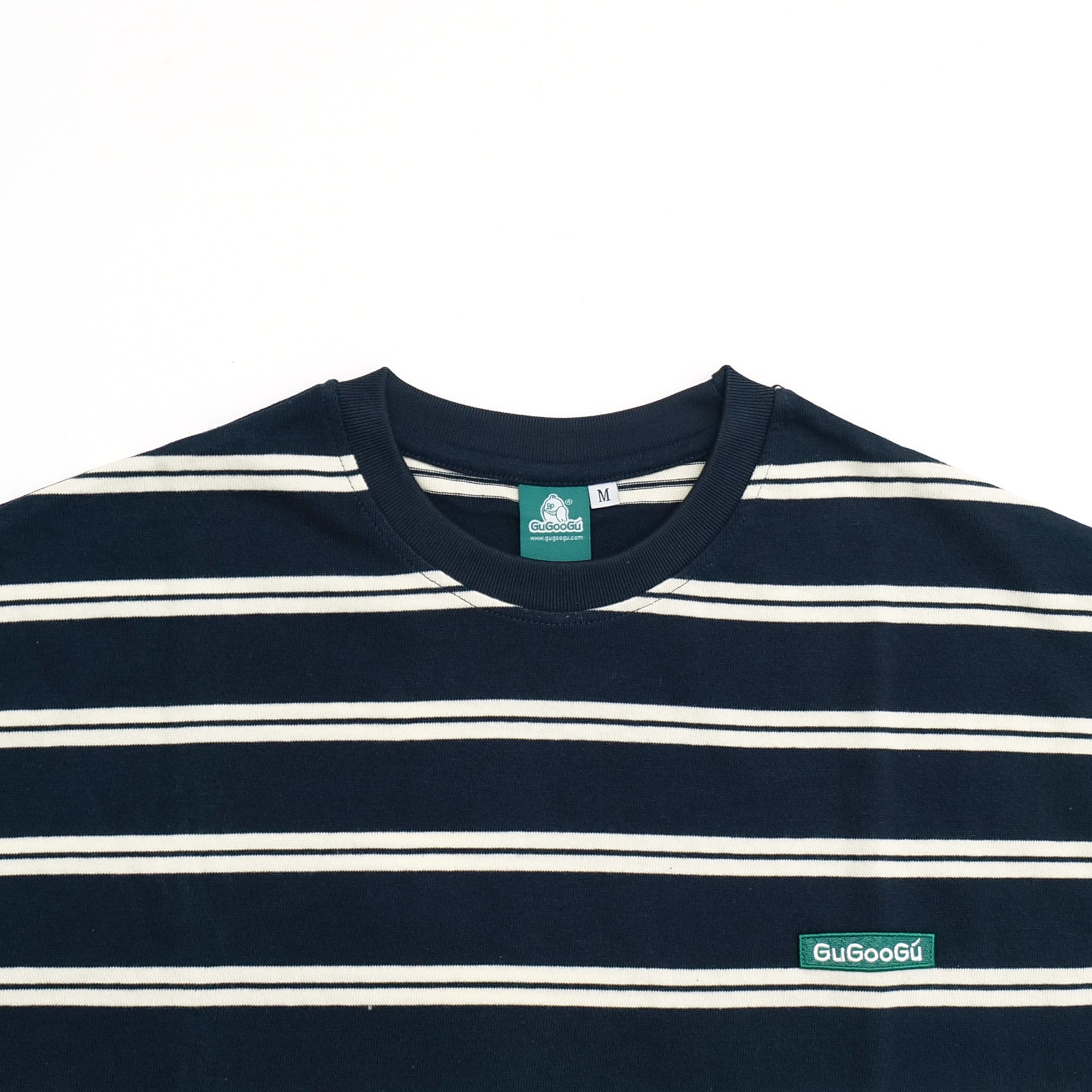 Gugoogu Striped Classic Box Logo Slightly Loose T-Shirt | Navy Blue | Hong Kong Original Design
