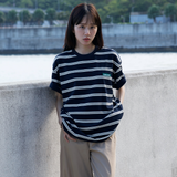 Gugoogu Striped Classic Box Logo Slightly Loose T-Shirt | Navy Blue | Hong Kong Original Design
