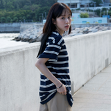 Gugoogu Striped Classic Box Logo Slightly Loose T-Shirt | Navy Blue | Hong Kong Original Design