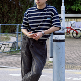 Gugoogu Striped Classic Box Logo Slightly Loose T-Shirt | Navy Blue | Hong Kong Original Design