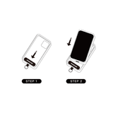 這是GUGOOGU的手機夾片使用說明。第一步，先將手機夾片放在手機殼裡面，夾片的D扣從充電孔伸出。第二步，將手機殼裝在手機上。