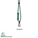這是GUGOOGU的手機繩套裝，包含了一條綠白拼色的手機掛繩，和一個白色的手機夾片。