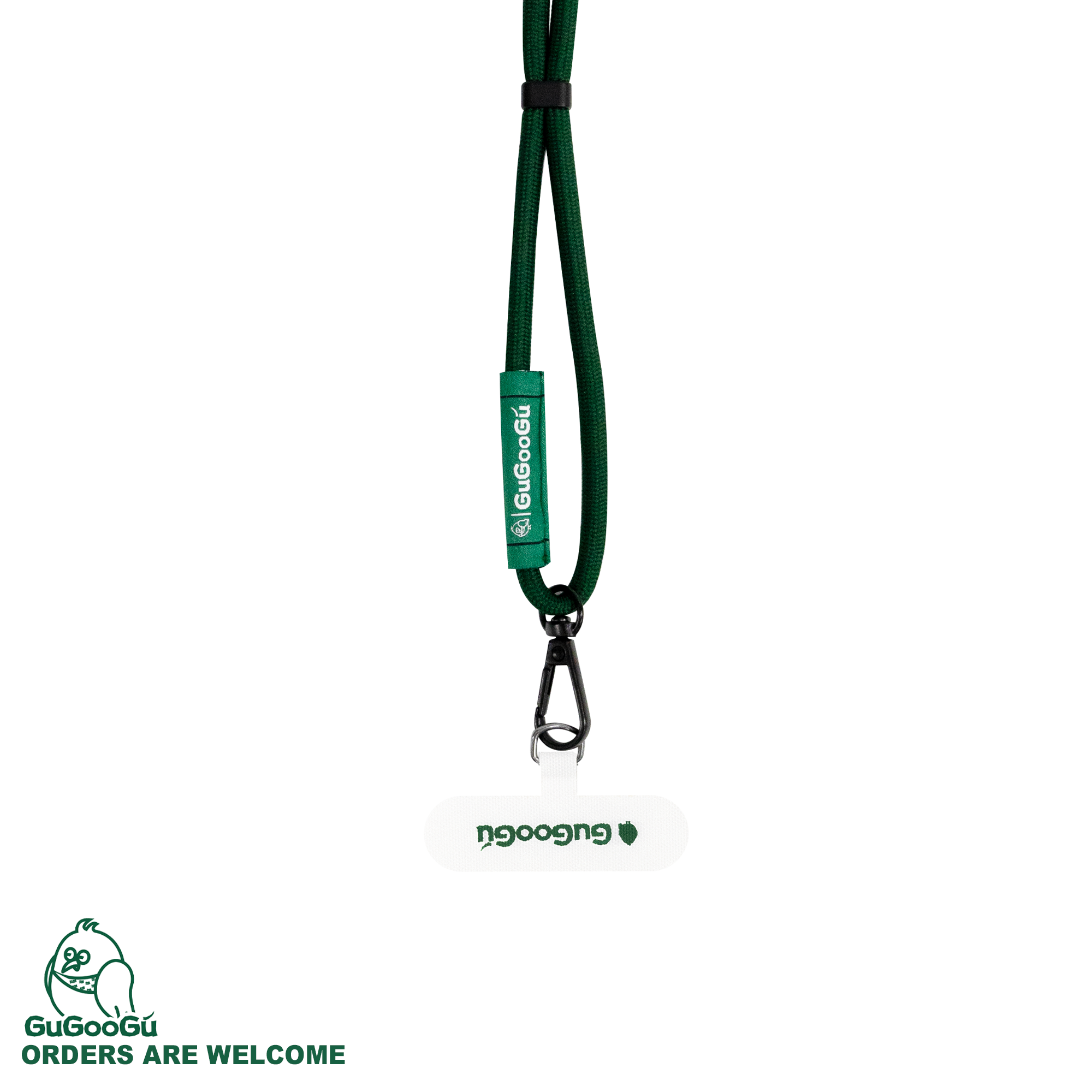 這是GUGOOGU的手機掛繩套裝，包含了一條純綠色的手機掛繩，和一個白色的手機夾片。