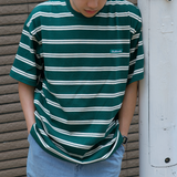 Gugoogu Striped Classic Box Logo Slightly Loose T-Shirt | Forest Green | Hong Kong Original Design