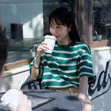 Gugoogu Striped Classic Box Logo Slightly Loose T-Shirt | Forest Green | Hong Kong Original Design