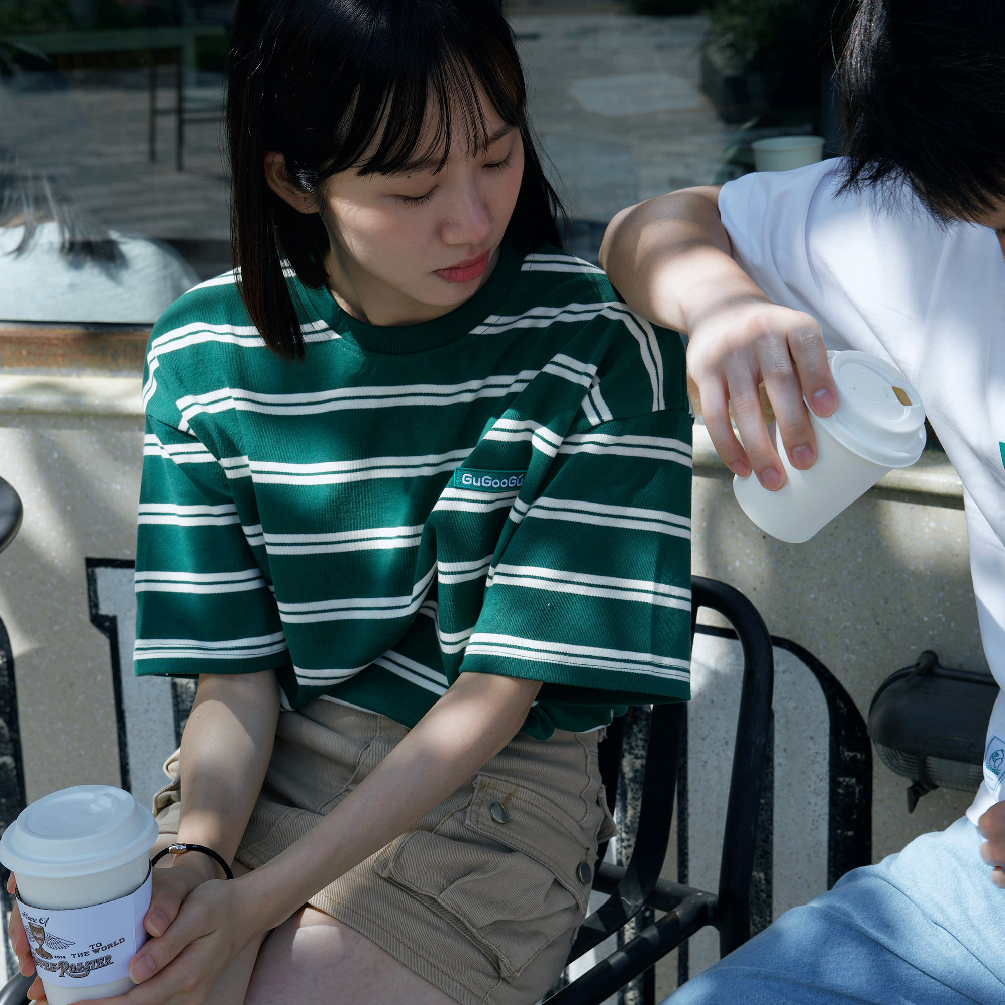 Gugoogu Striped Classic Box Logo Slightly Loose T-Shirt | Forest Green | Hong Kong Original Design