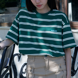 Gugoogu Striped Classic Box Logo Slightly Loose T-Shirt | Forest Green | Hong Kong Original Design