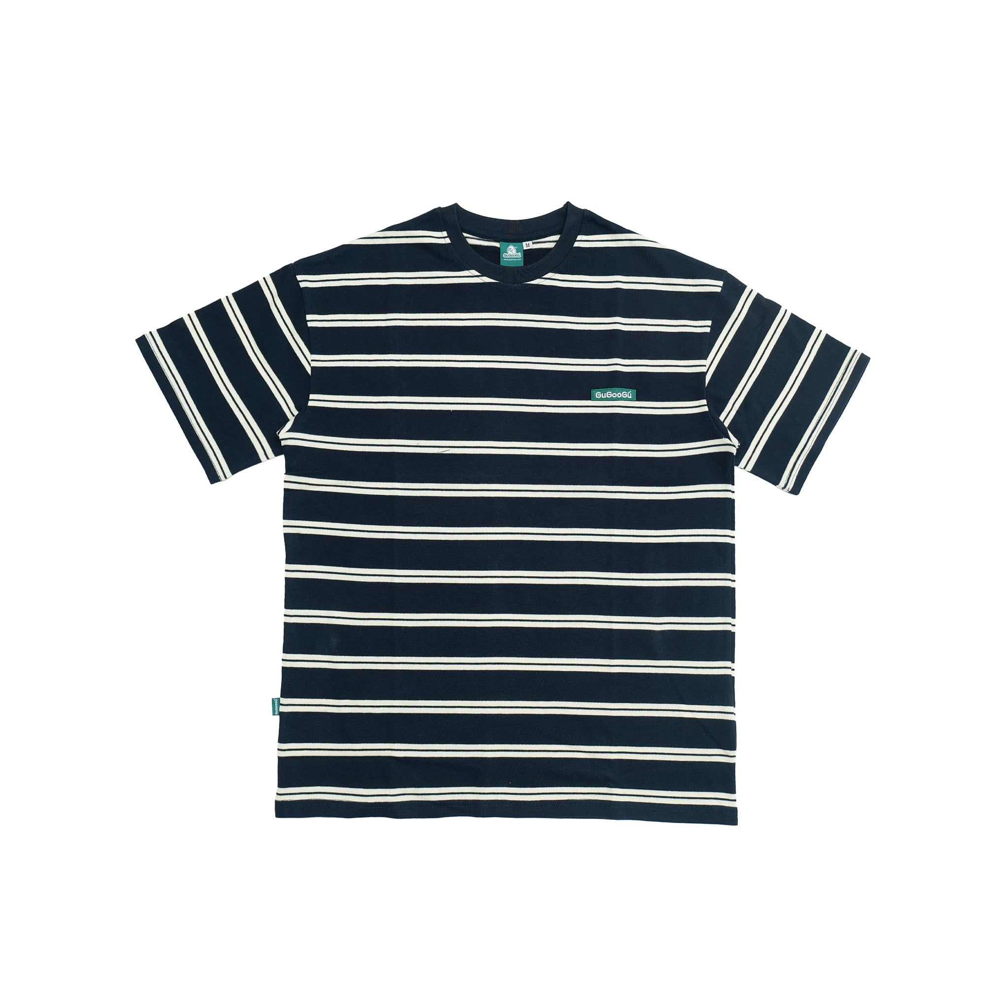 Gugoogu Striped Classic Box Logo Slightly Loose T-Shirt | Navy Blue | Hong Kong Original Design